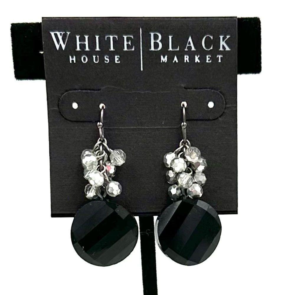 WHBM Silver Crystal & Black Bead Dangle Earrings NWT